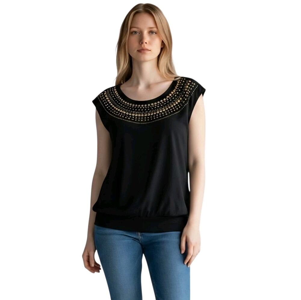 NEW Grace Elements Womens Top Size L Black Beaded Pleated Neck Sleeveless